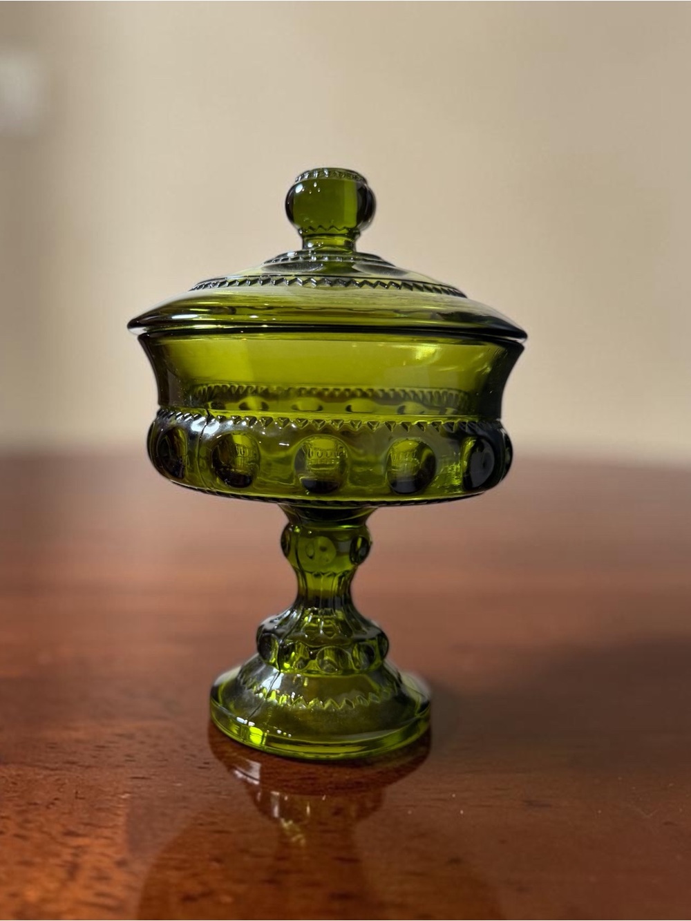 Vintage Indiana Glass Kings Crown Green Candy Dish With Lid